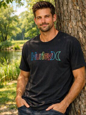 NEW L Men's Adult's Hurley Shirt Black Graphic Short Sleeve Stretch Pullover LG